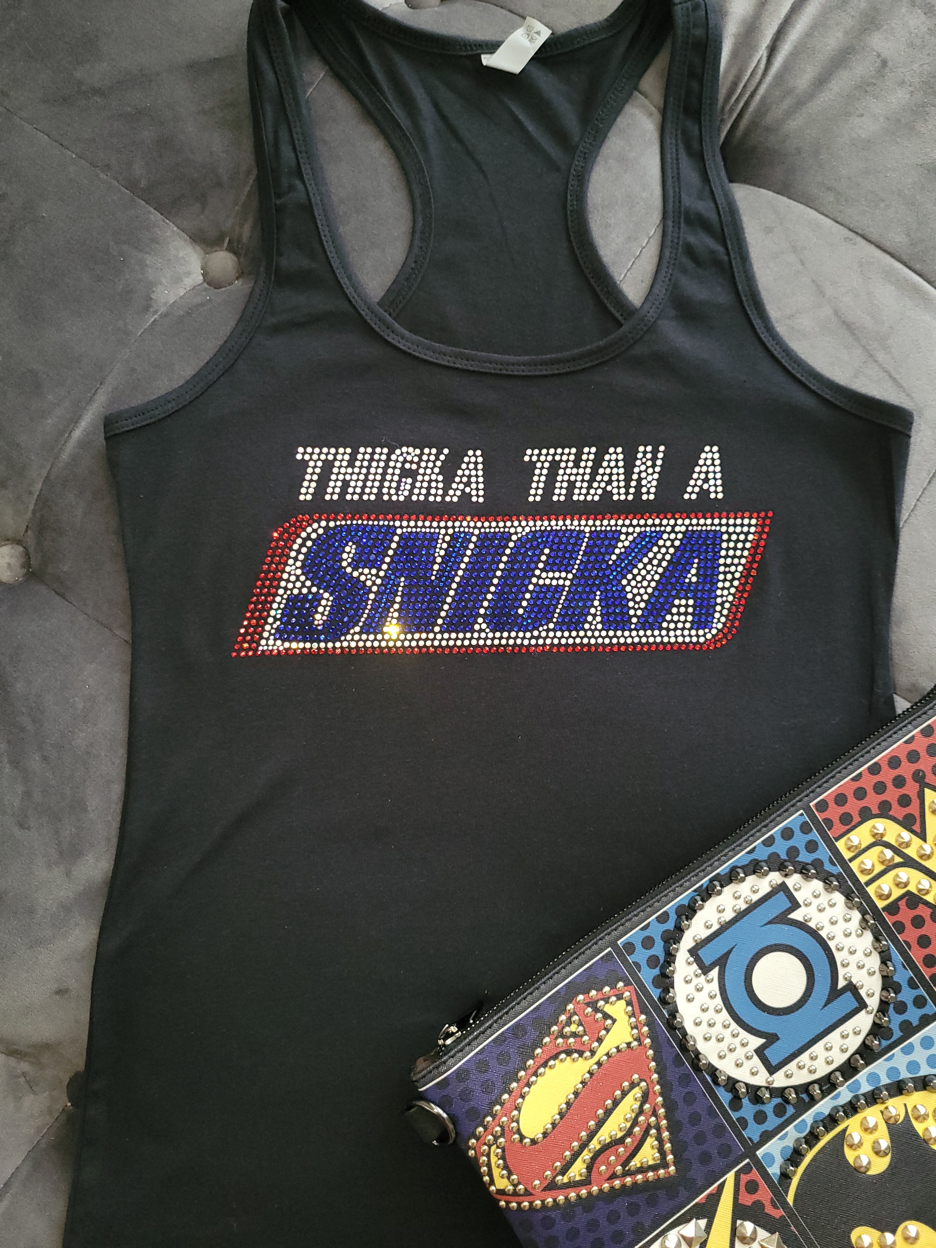 "THICKA THAN A SNICKA" Bling Tee; PRE-ORDER YOURS UNTIL MONDAY 8/28! *All orders will ship the following Tues. 9/5